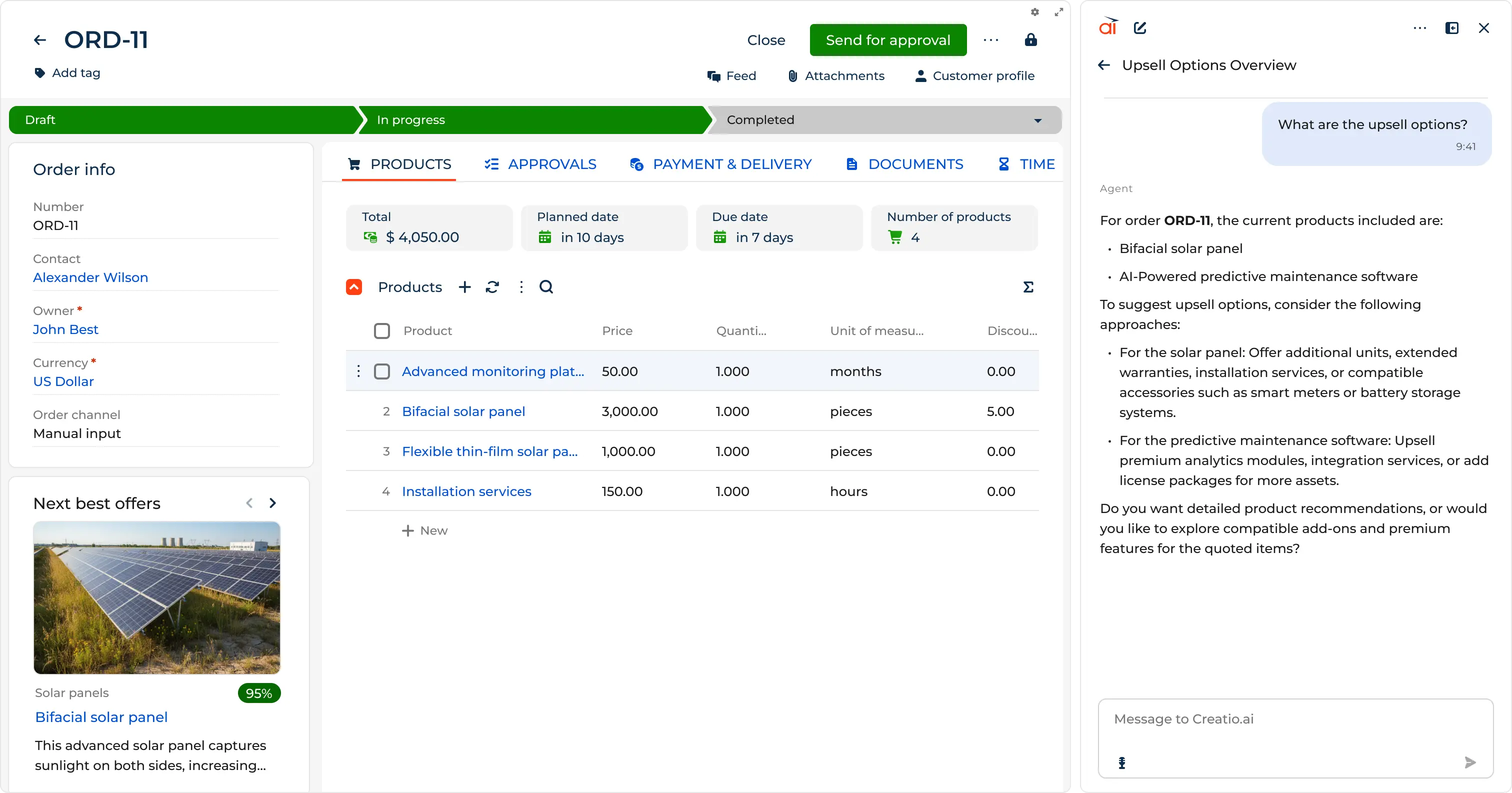 Інтерфейс замовлення в Creatio CRM з AI-асистентом для продажів.