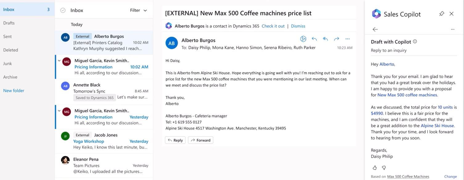 Copilot for Sales пропонує текст відповіді на електронний лист
