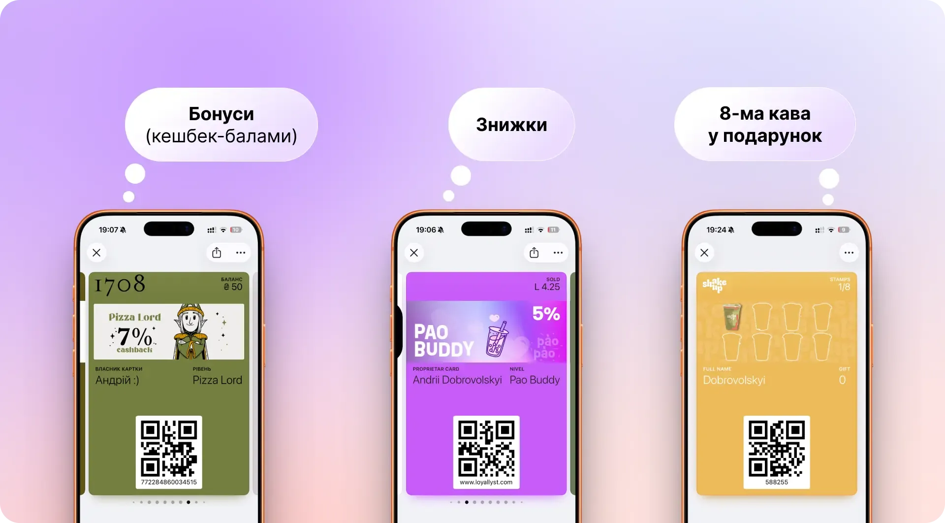 Картки лояльності з бонусами та знижками на смартфонах.
